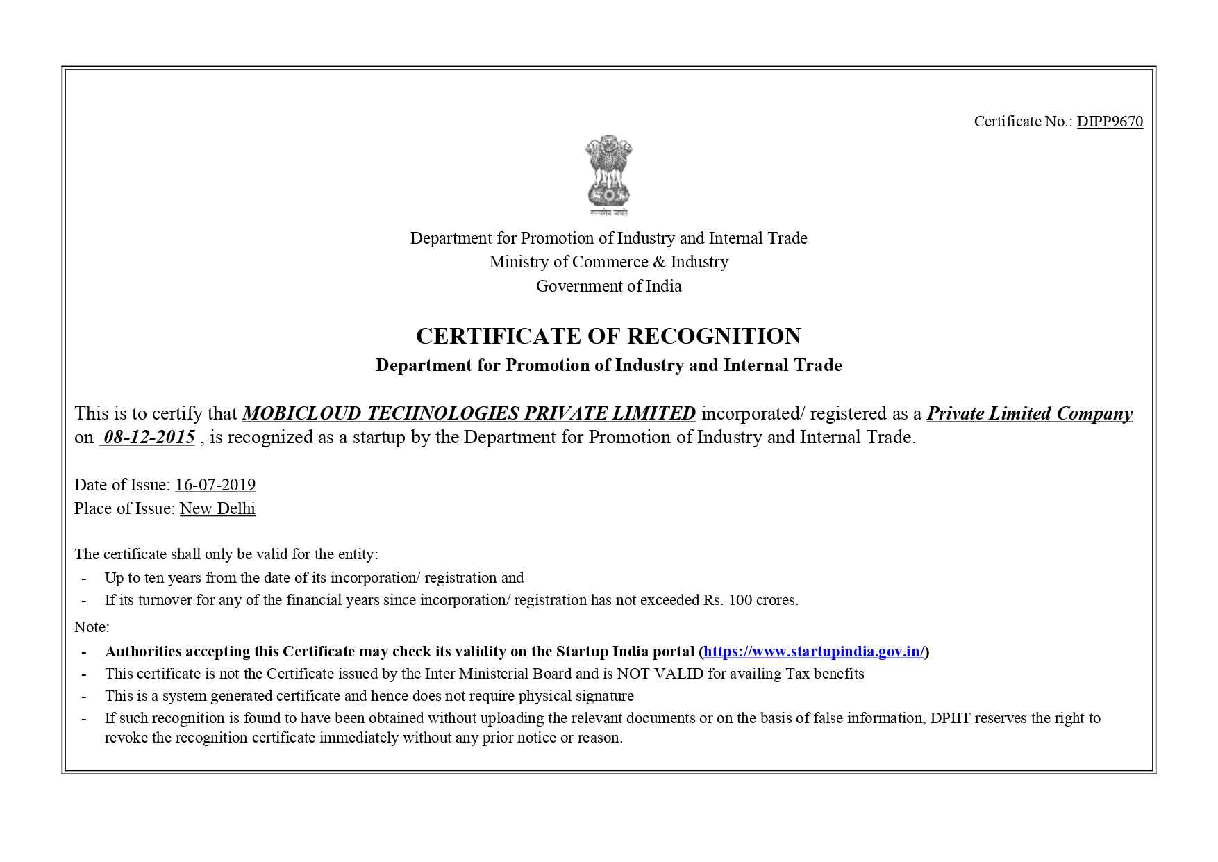 Mobicloud Technology Certificate